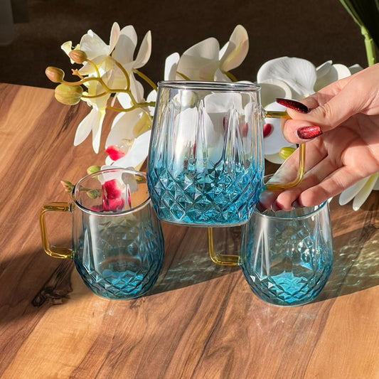 کۆمەڵێک جامی شووشەی نەخشی ئەڵماسی شین شەفاف - ٦ پارچە