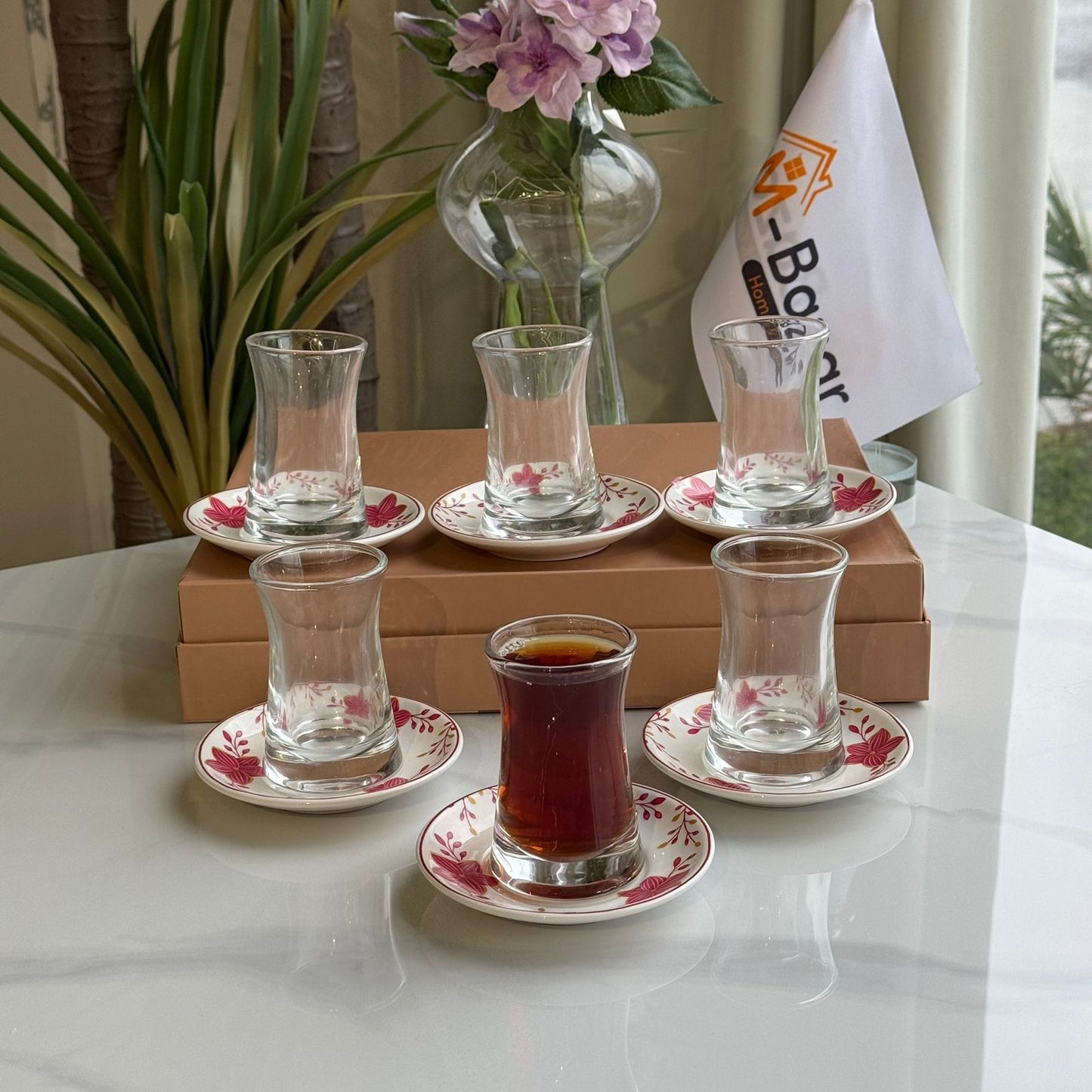 Double-Wall Tea Glass & Floral Saucer Set