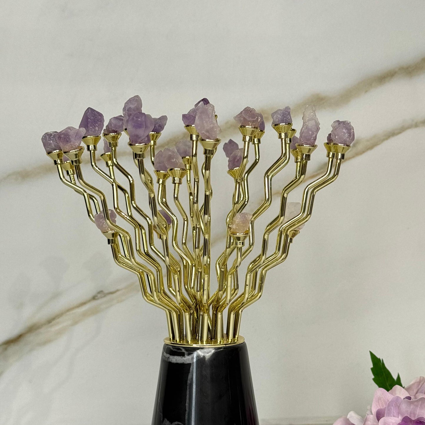 Modern Gemstone Decor With Gold-Plated Branches and Ceramic Stand