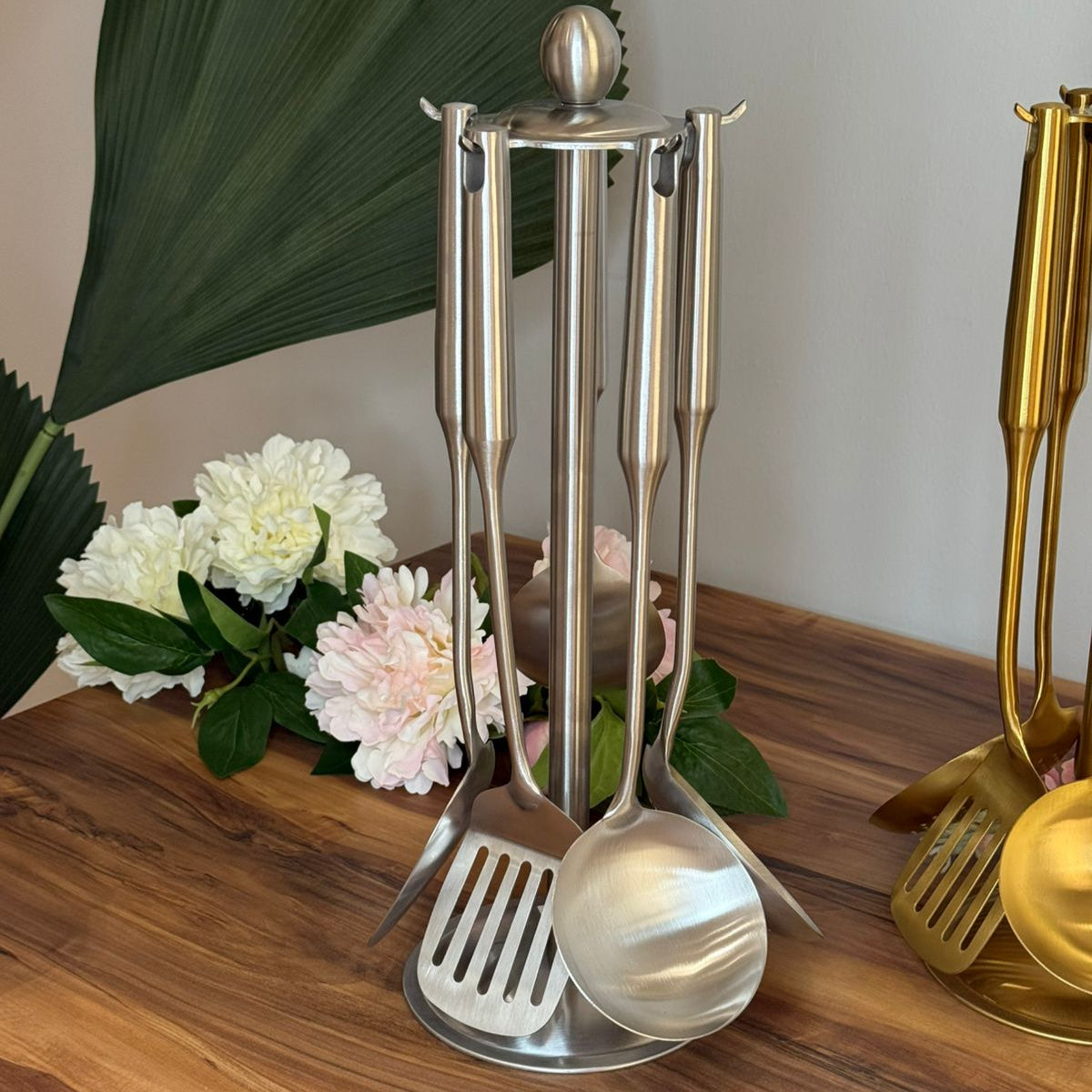 Elegant Gold Stainless Steel Cooking Utensil Set With Stand