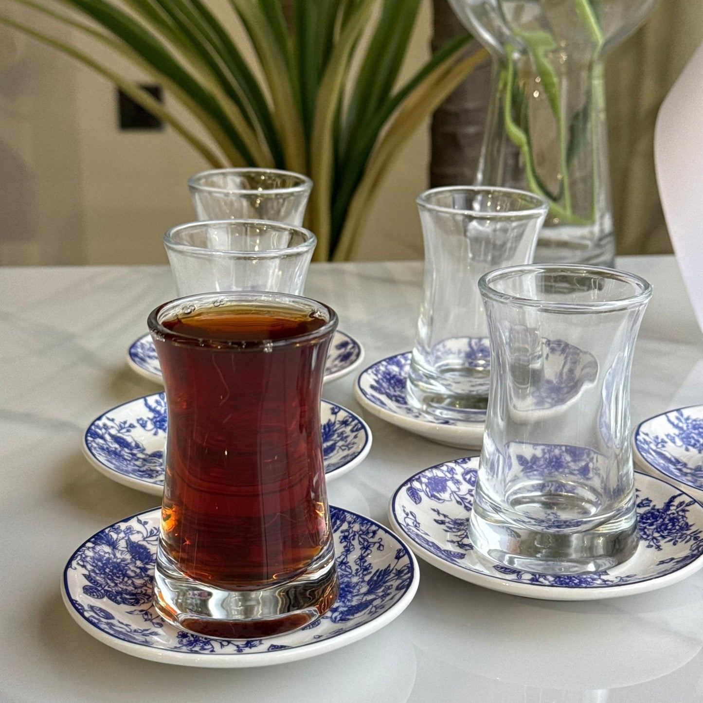 Glass Tea Cups with Blue Floral Saucers