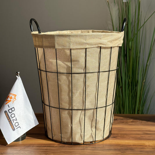 Multi-Purpose Metal Storage Basket With Fabric Inner Lining - Round