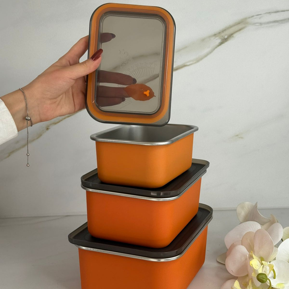 3 Sized - Stackable Steel Food Storage Containers Set With Lids