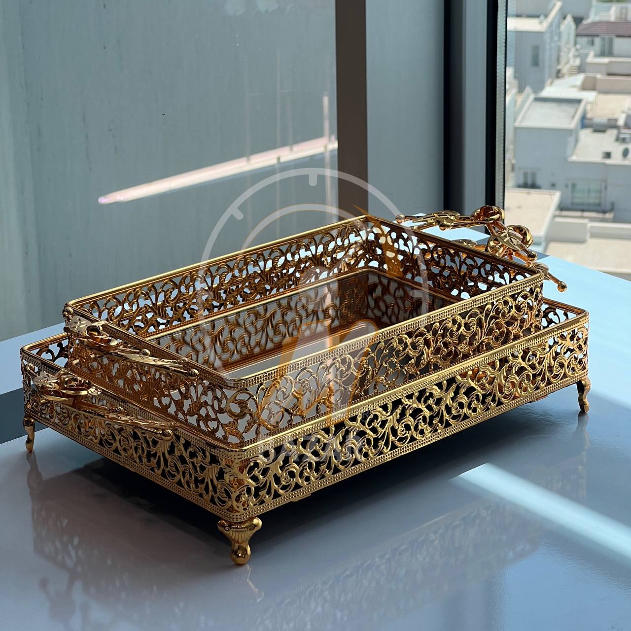 سێتی 2 سینی ئاوێنەیی برۆنزی زێڕی دیکۆراتی لوکس