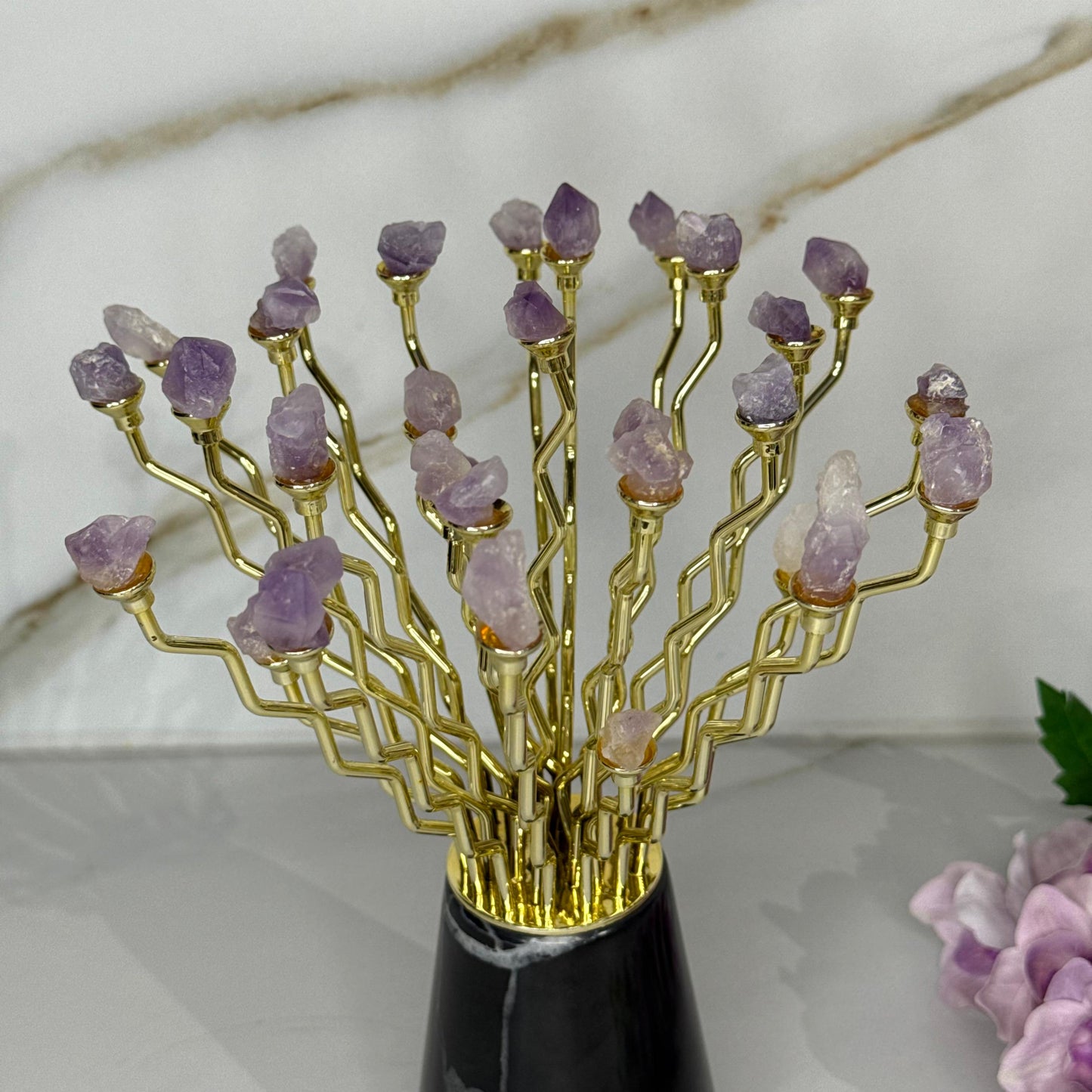 Modern Gemstone Decor With Gold-Plated Branches and Ceramic Stand