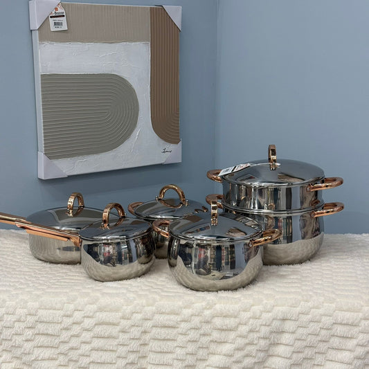 Stainless Steel Cookware Set with Rose Gold Handle