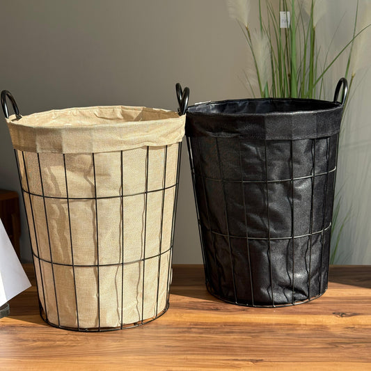 Multi-Purpose Metal Storage Basket With Fabric Inner Lining - Round