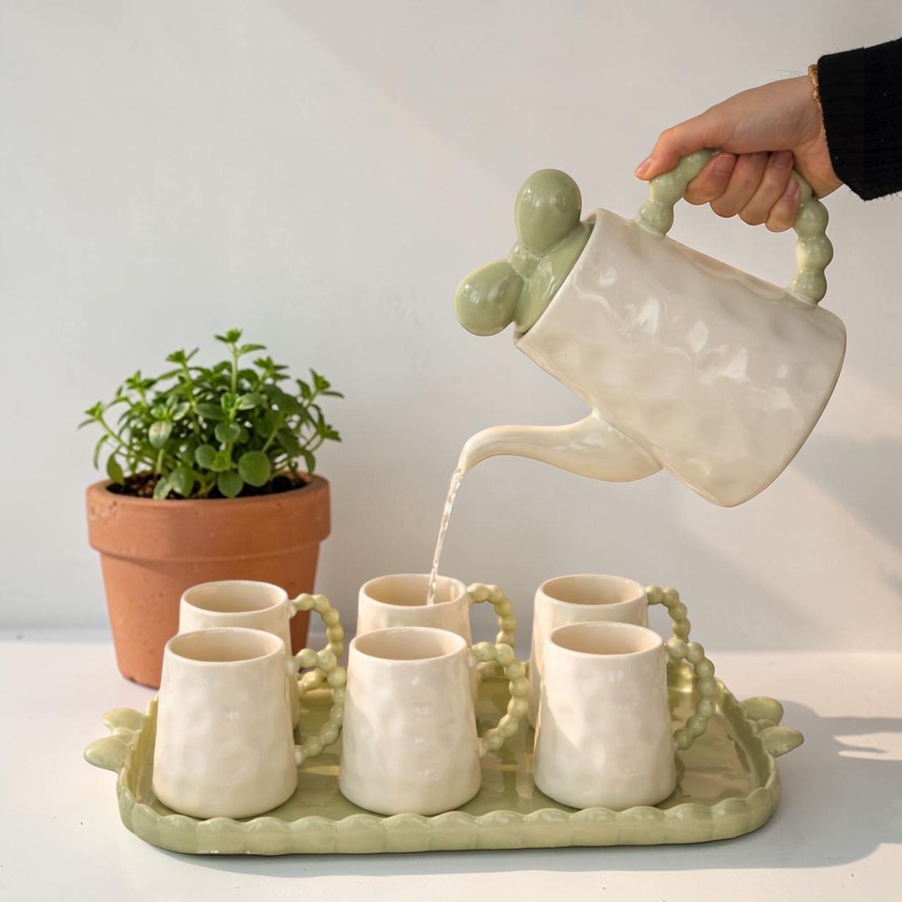 Decorative Ceramic Tea Set with Tray – 8 Pieces