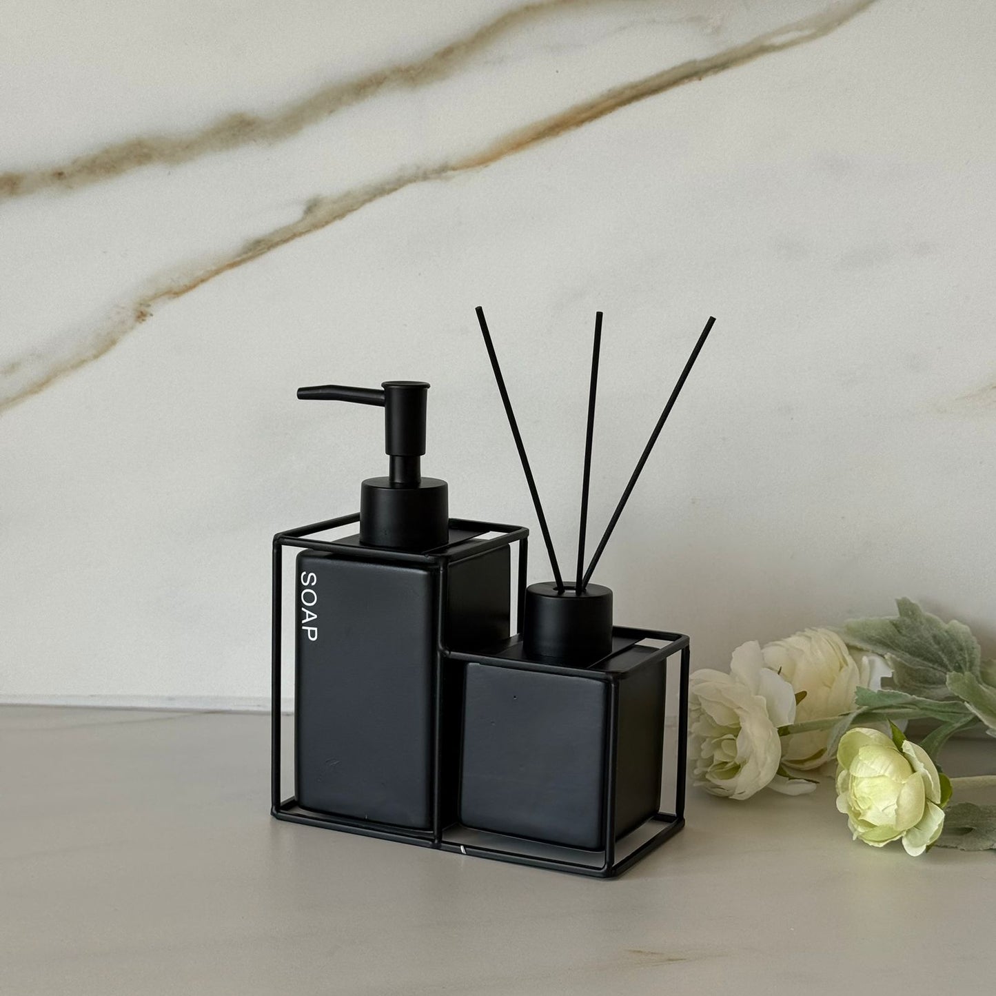 Modern Black Soap Dispenser & Reed Diffuser Set