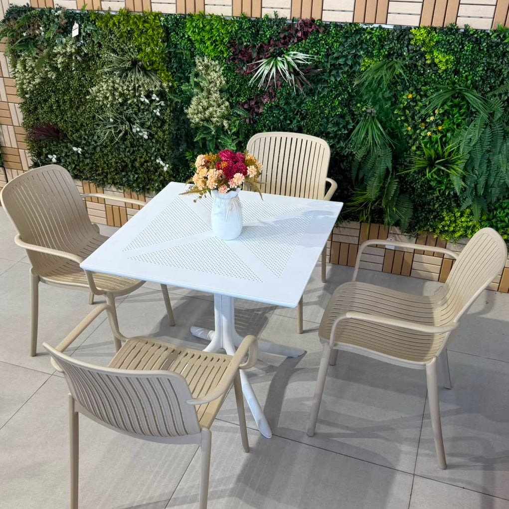 Modern Outdoor Dining Table & Chair Set - White & Beige