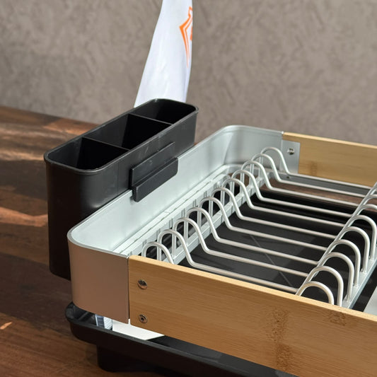 Modern Compact Countertop Dish Drainer with Wooden Accents & Cutlery Holder