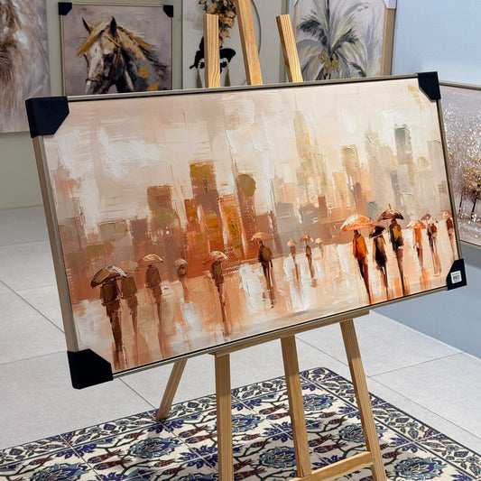 Golden City Rain Abstract Cityscape Heavy Textured Canvas Wall Art
