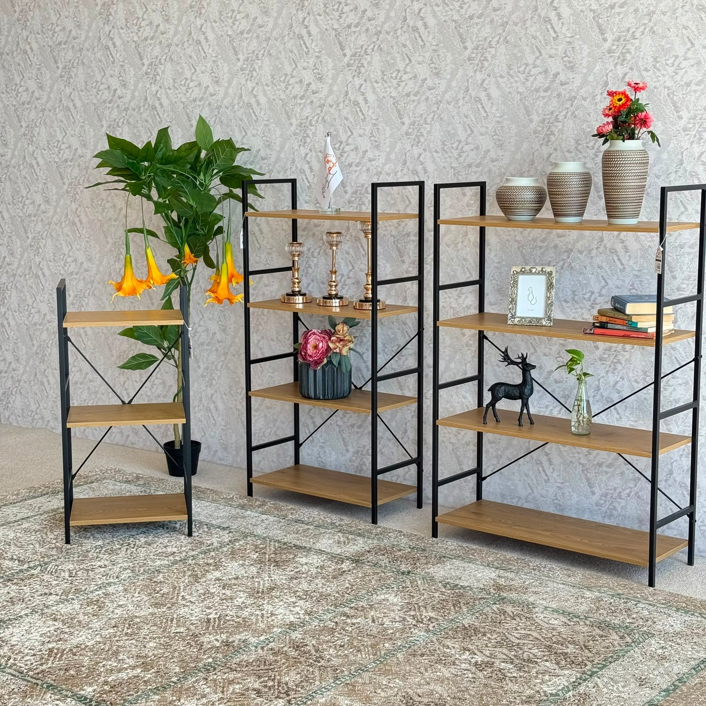 Modern Multi-Tier Storage Shelf with Metal Frame & Wooden Shelves