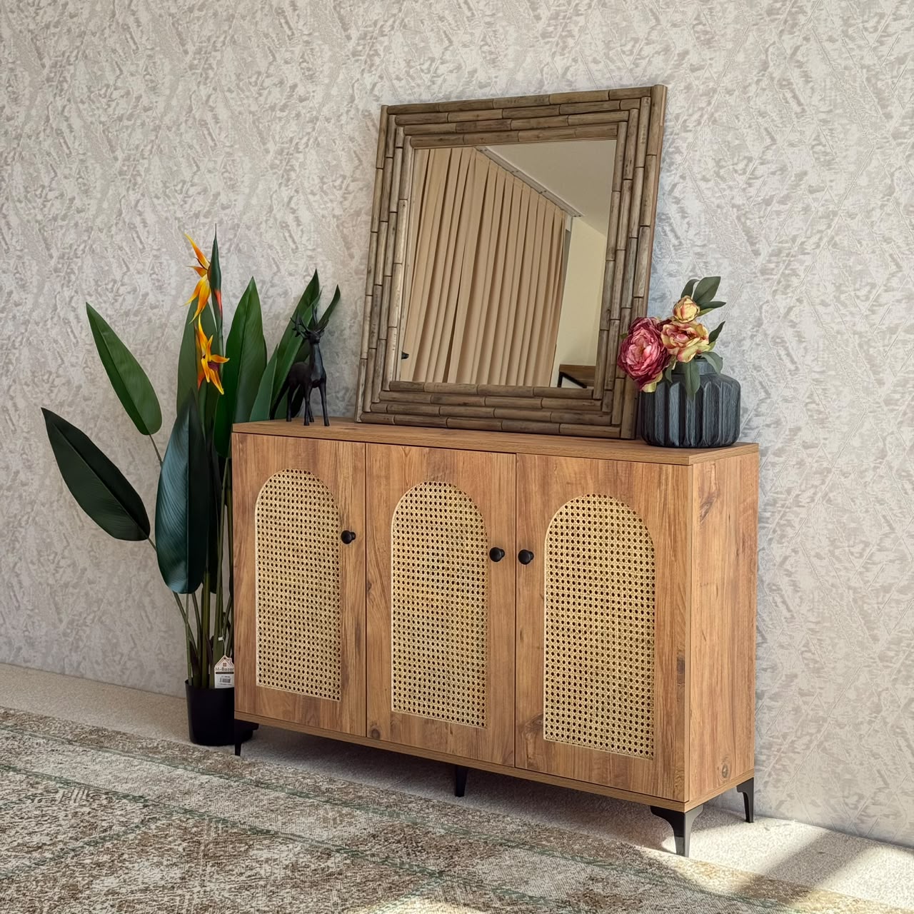 2 & 3 Door Multi-Purpose Natural Rattan Wood Storage Cabinet