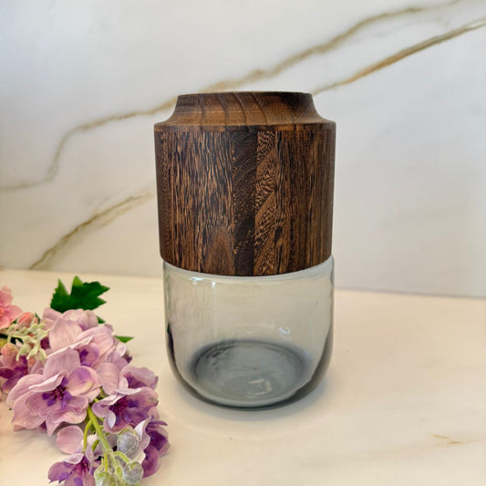 Modern Smoke Glass Vase With Sculpted Wooden Pattern