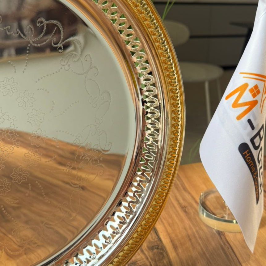 صينية مستديرة فاخرة بحافة ذهبية مزخرفة