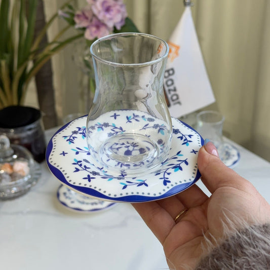 Blue Floral Saucer Tea Glass Set