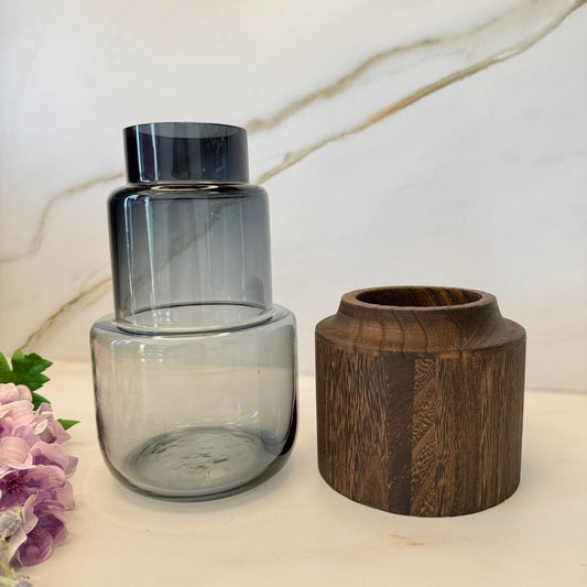 Modern Smoke Glass Vase With Sculpted Wooden Pattern