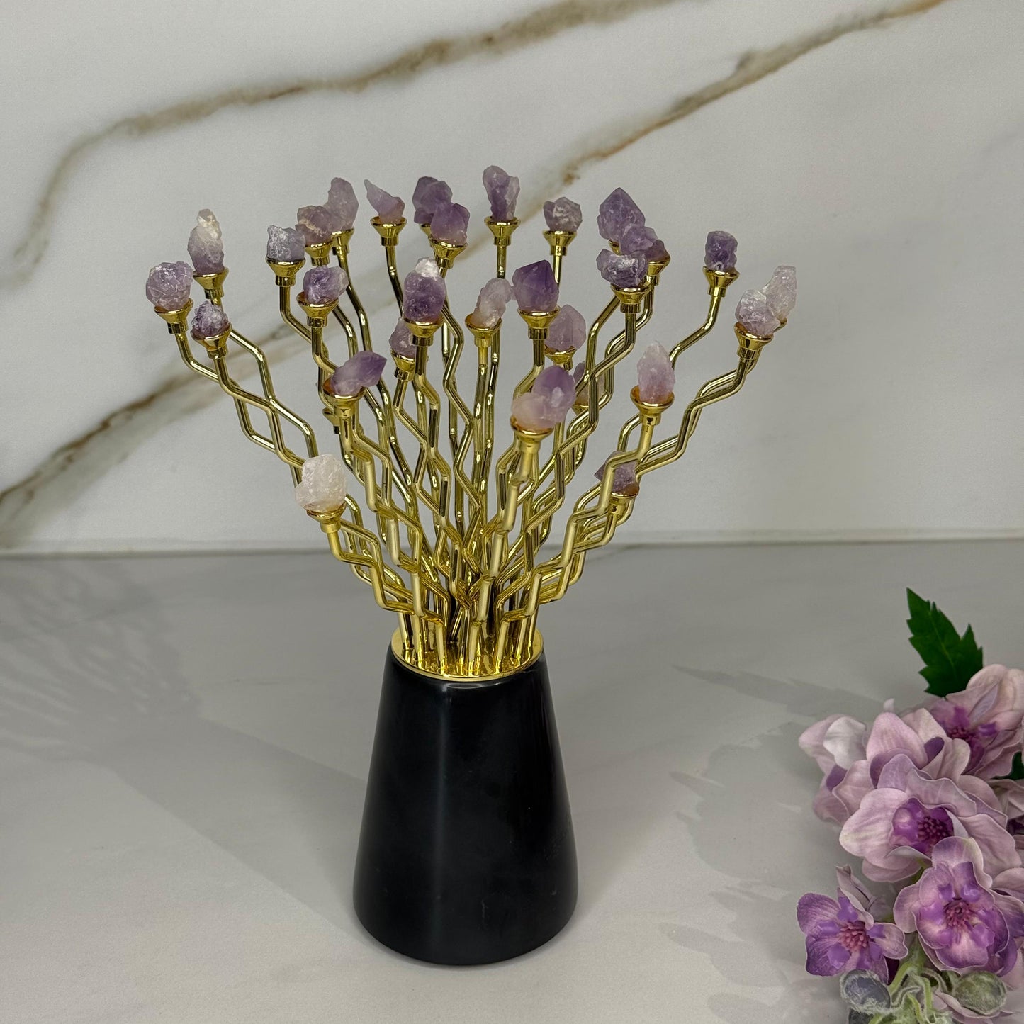 Modern Gemstone Decor With Gold-Plated Branches and Ceramic Stand