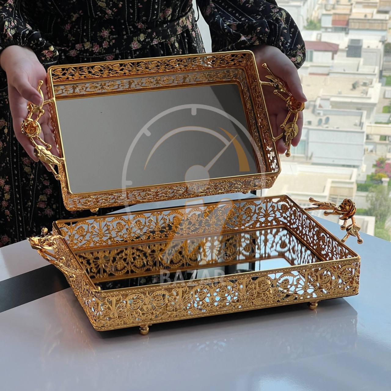 سێتی 2 سینی ئاوێنەیەکی زێڕینی دیکۆراتی لوکس