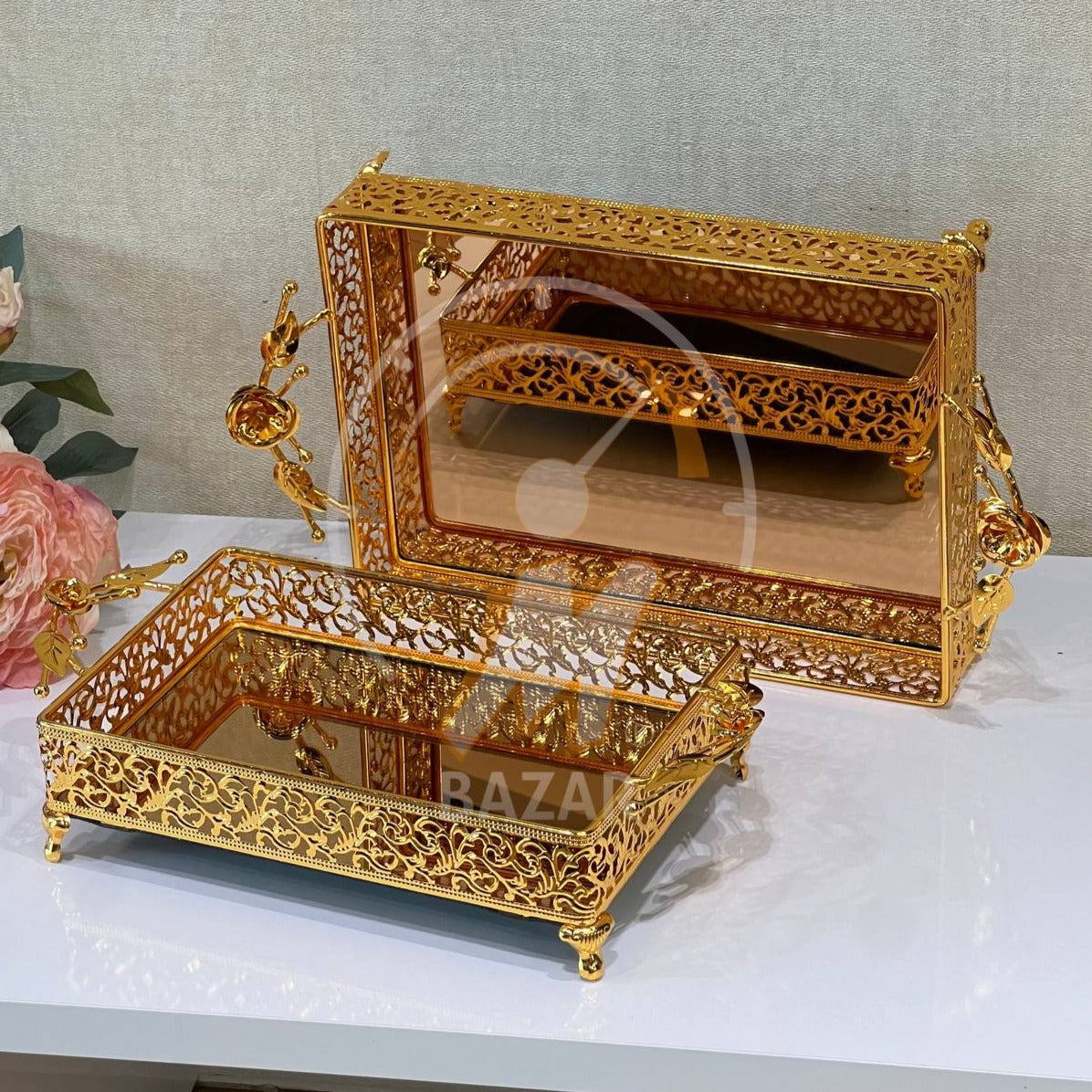 سێتی 2 سینی ئاوێنەیی برۆنزی زێڕی دیکۆراتی لوکس