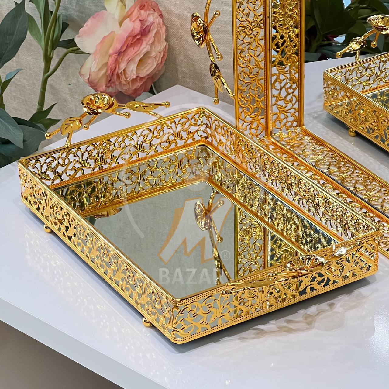 2pcs سینی ئاوێنەیەکی زێڕی دیکۆراتی لوکس