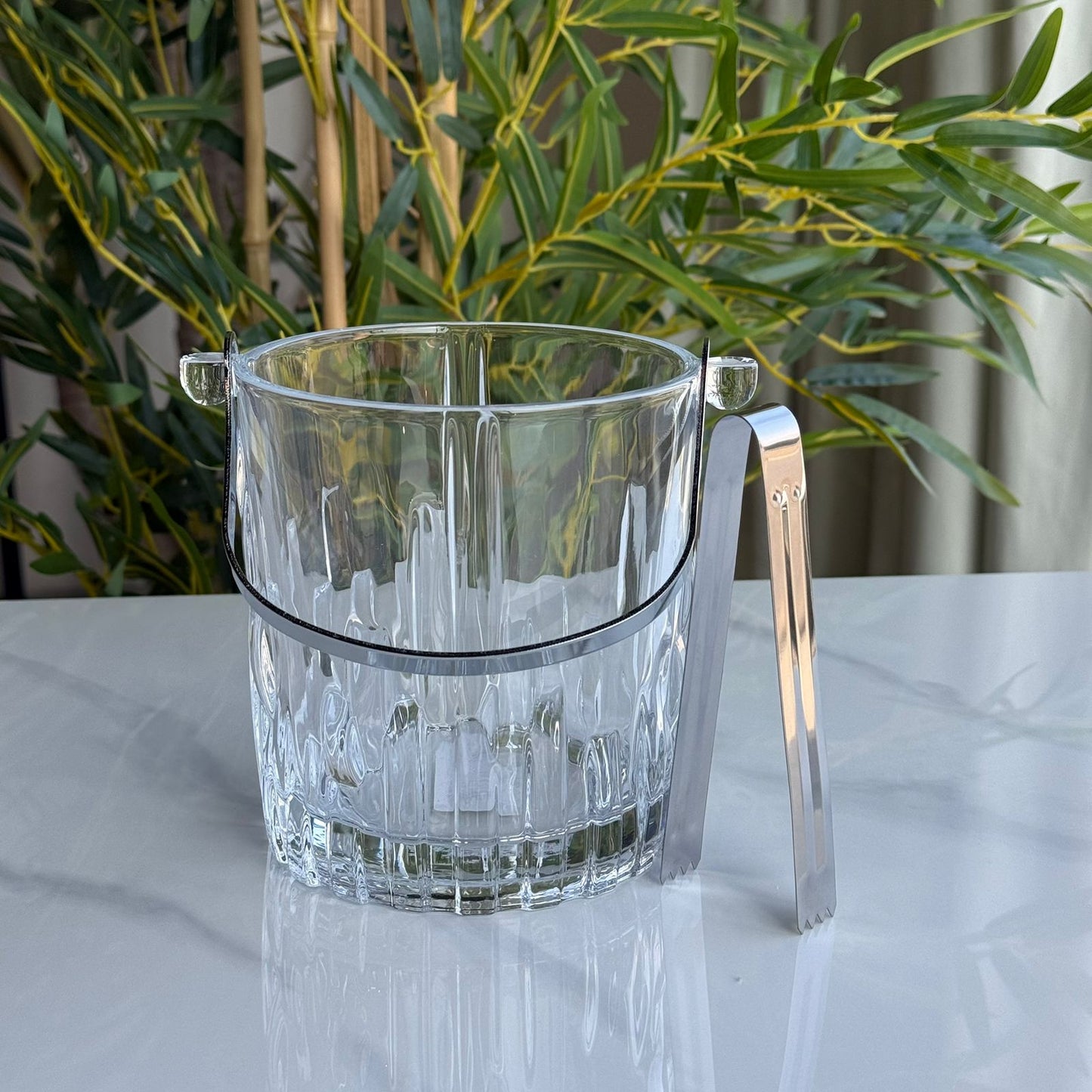 Classic Cut Glass Ice Bucket with Metal Handle & Tongs