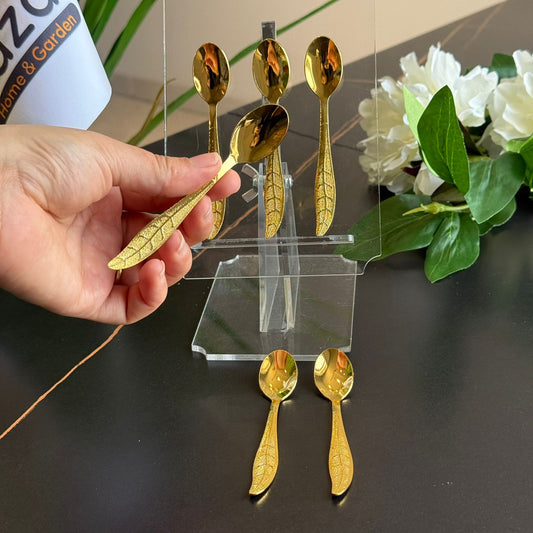 ملاعق ستانلس ستيل بتصميم أوراق الشجر باللون الذهبي - طقم من 6 قطع