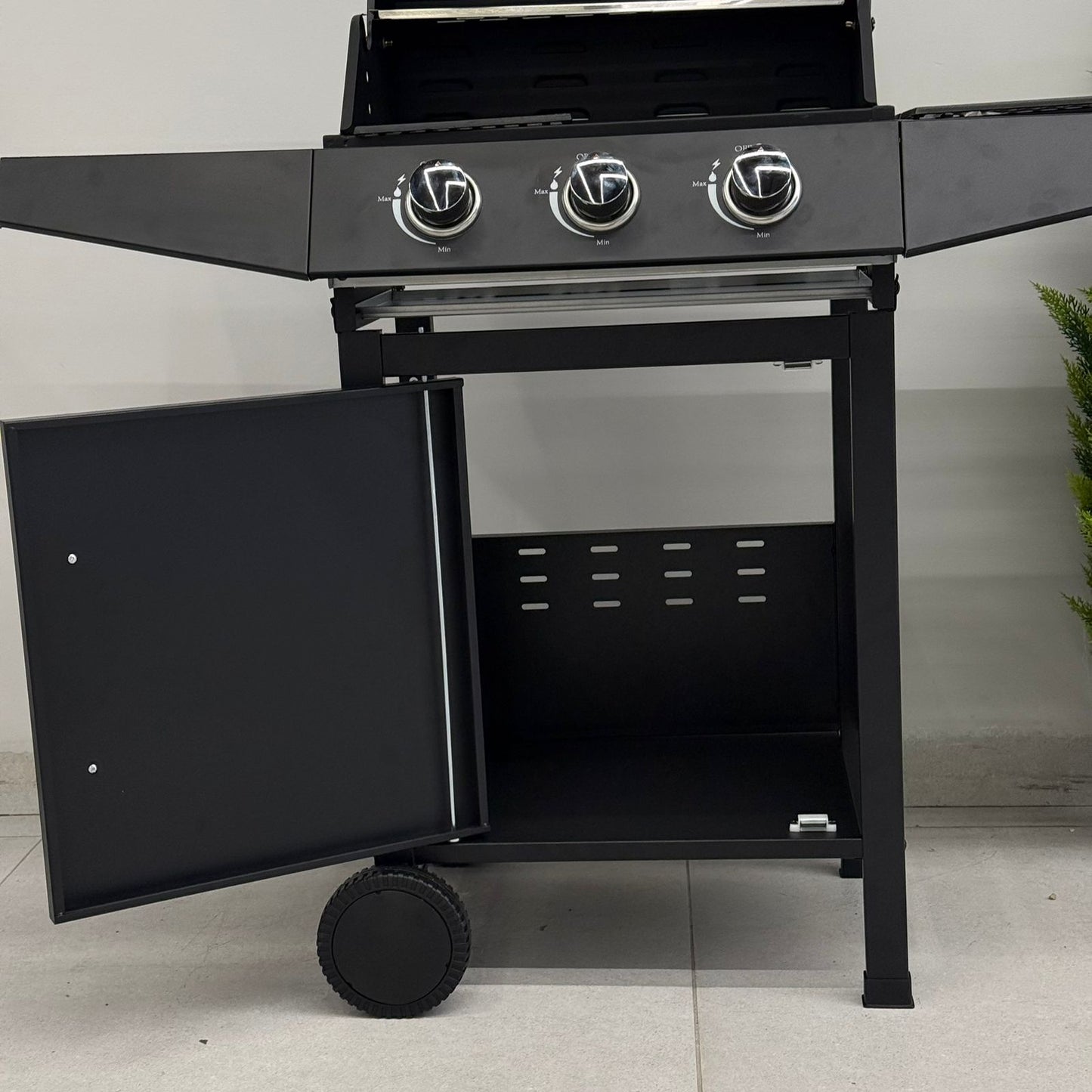 Gas BBQ Grill with Side Shelves & Storage Cabinet