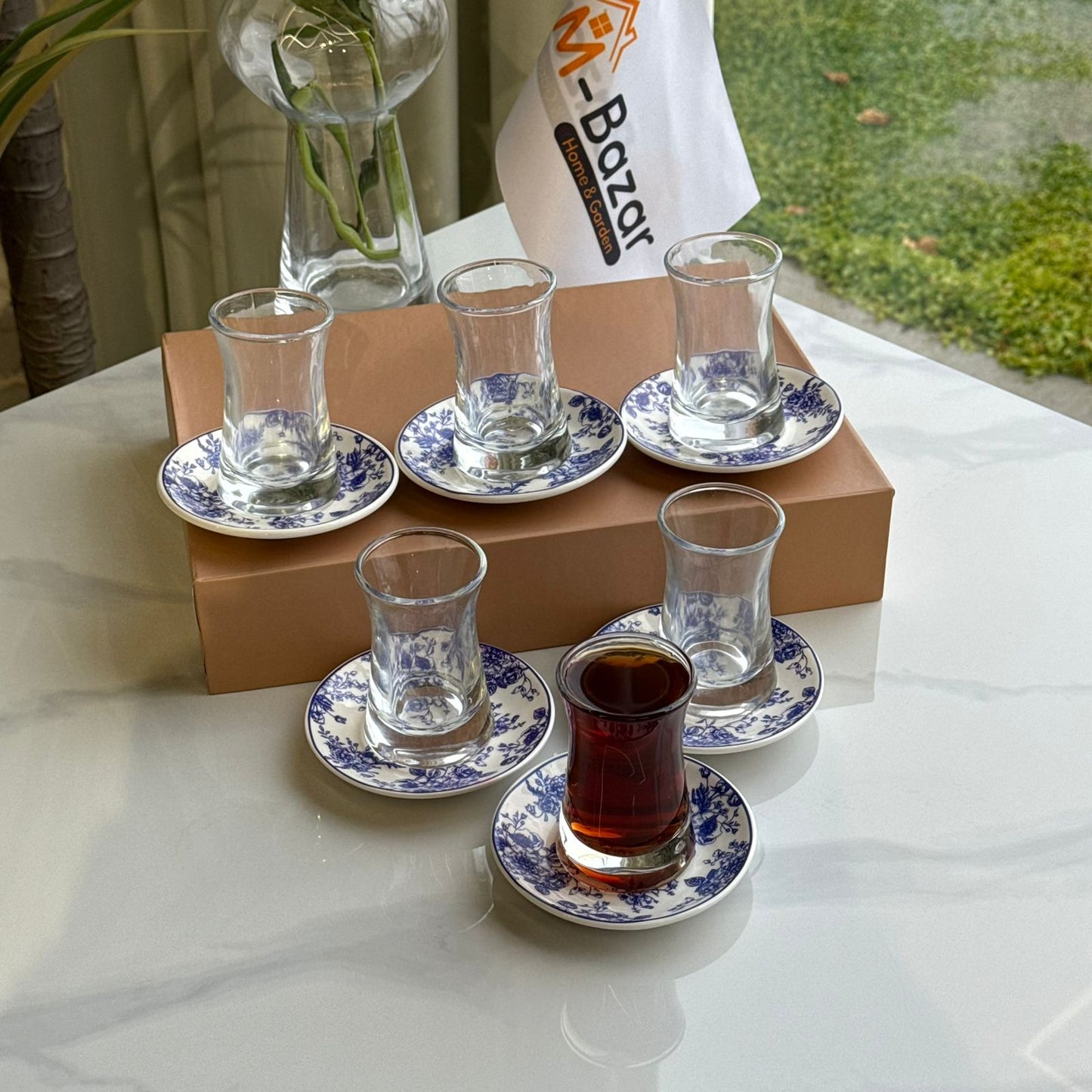 Glass Tea Cups with Blue Floral Saucers