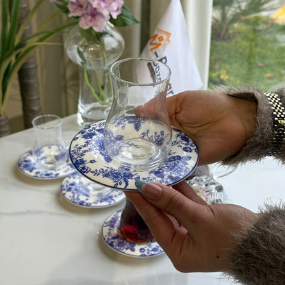Elegant Blue Floral Saucer Tea Glass Set