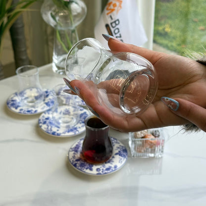 Elegant Blue Floral Saucer Tea Glass Set