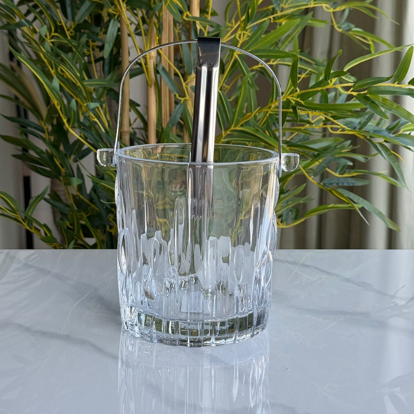 Classic Cut Glass Ice Bucket with Metal Handle & Tongs