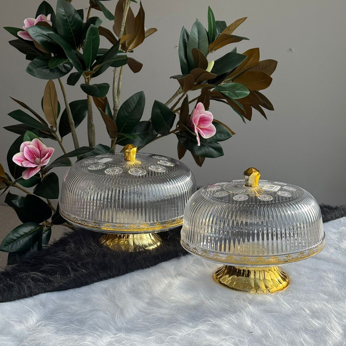 Clear Pedestal Dessert Stand with Gold Accent Lid