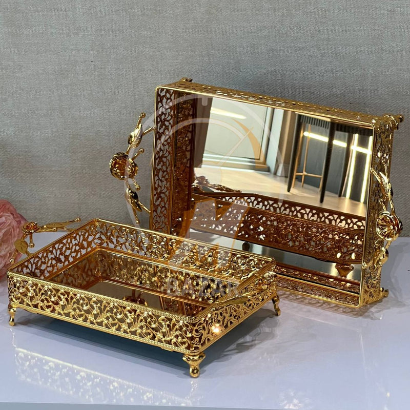 Set of 2 Luxury Decorative Gold Bronze Mirror Tray