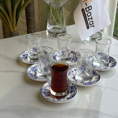 Glass Tea Cups with Blue Floral Saucers