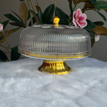 Clear Pedestal Dessert Stand with Gold Accent Lid