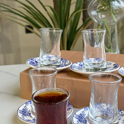 Glass Tea Cups with Blue Floral Saucers