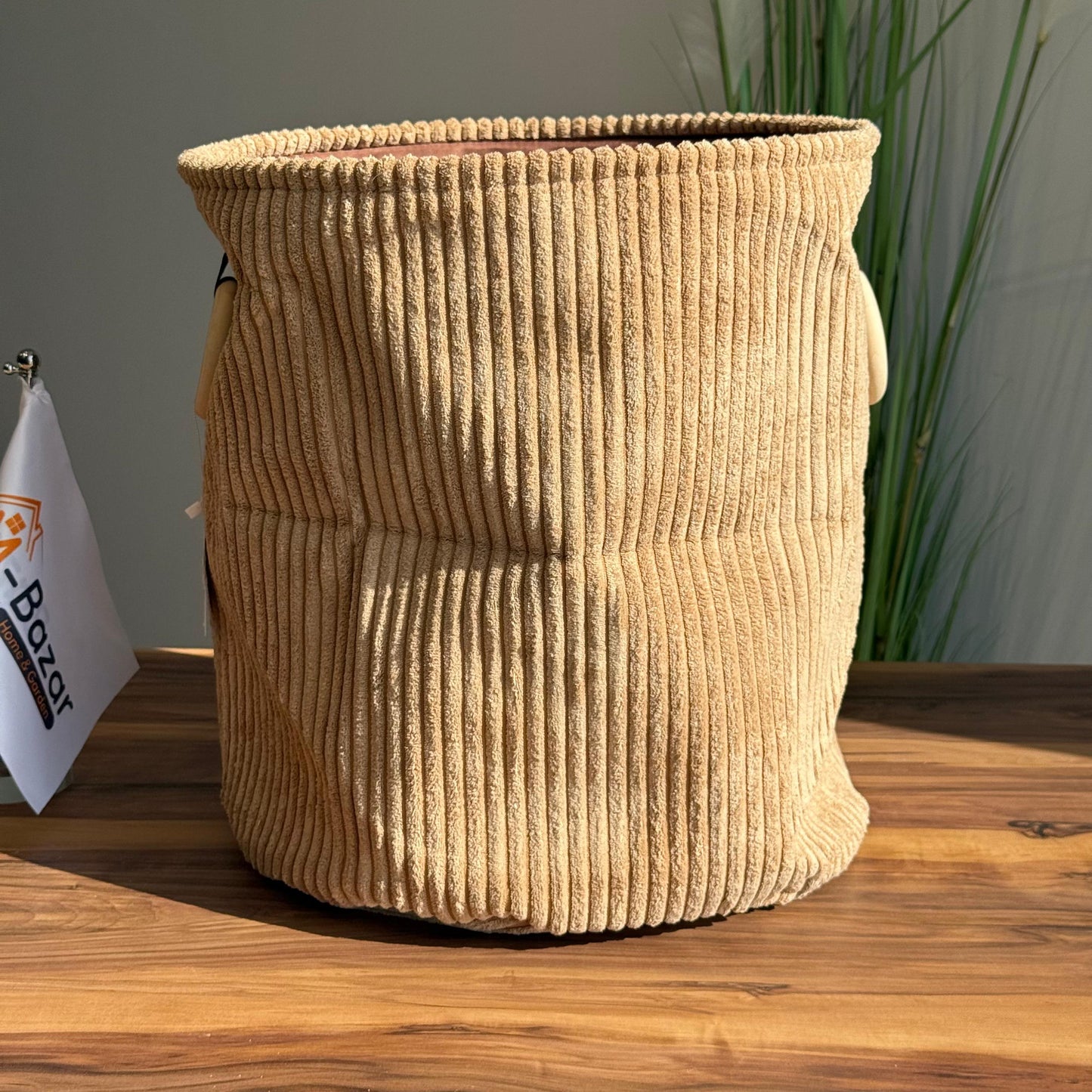 سلة تخزين Corduroy مع مقابض حلقة خشبية