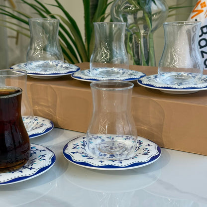Blue Floral Saucer Tea Glass Set