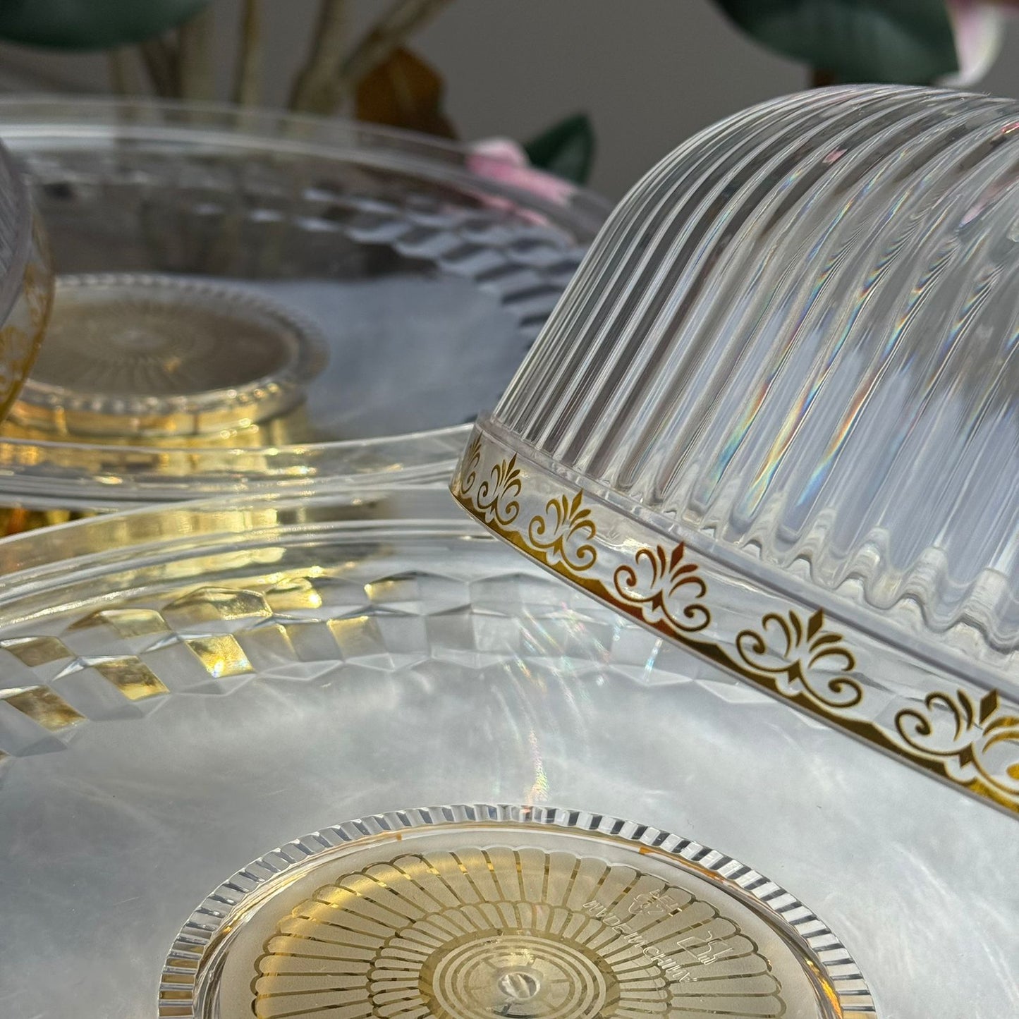 Clear Pedestal Dessert Stand with Gold Accent Lid