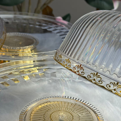 Clear Pedestal Dessert Stand with Gold Accent Lid