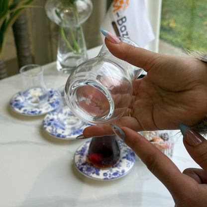 Elegant Blue Floral Saucer Tea Glass Set