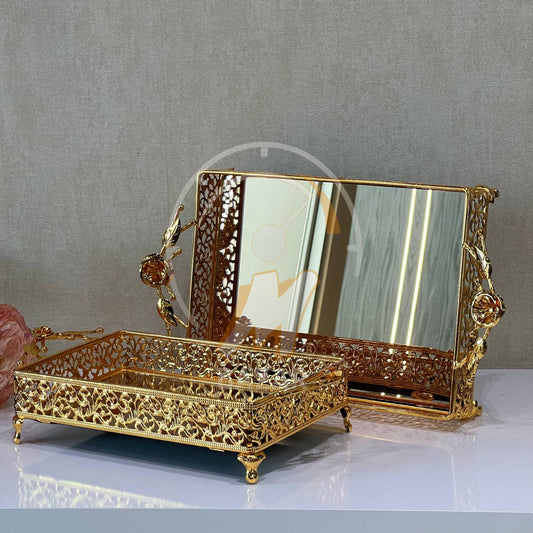 سێتی 2 سینی ئاوێنەیی برۆنزی زێڕی دیکۆراتی لوکس