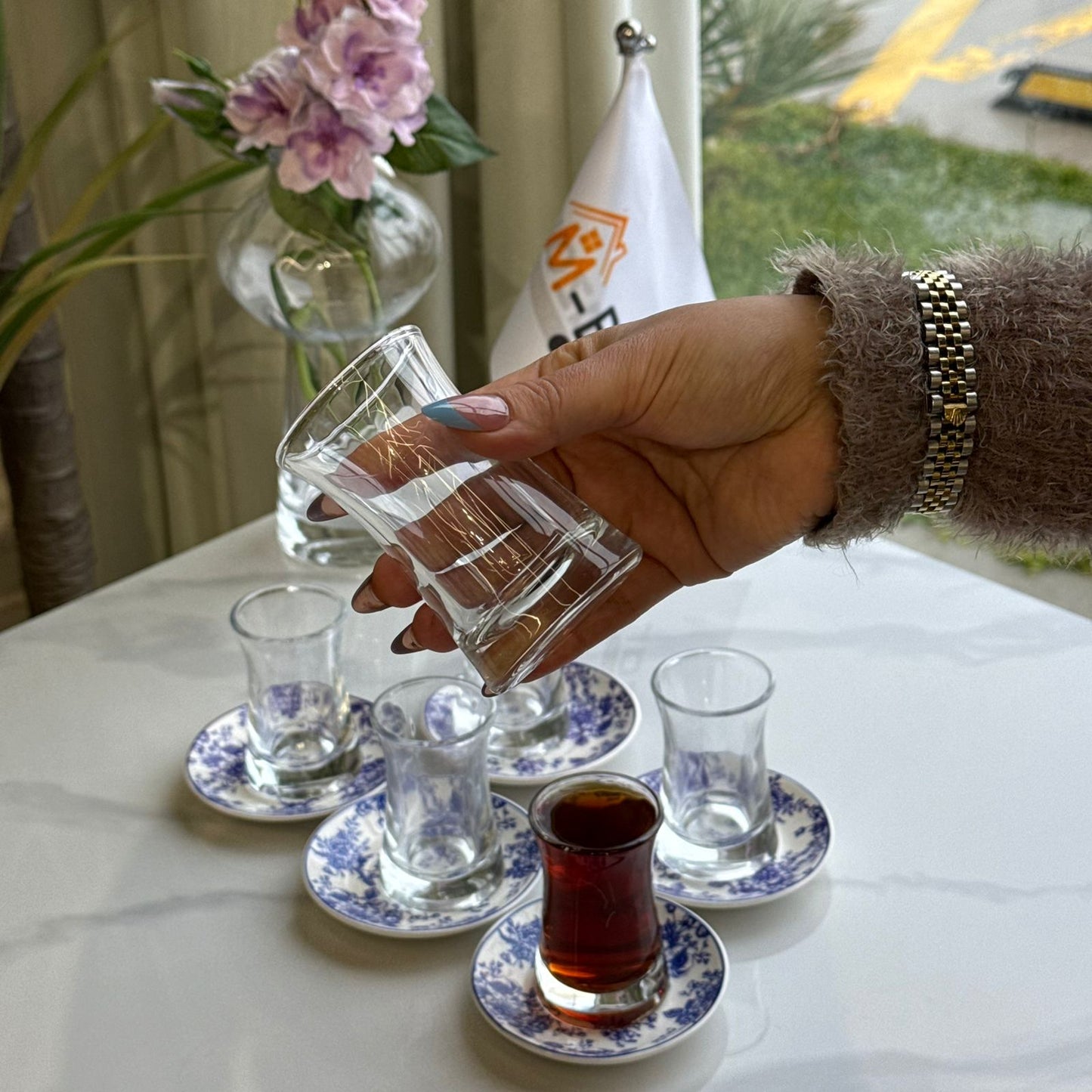 Glass Tea Cups with Blue Floral Saucers