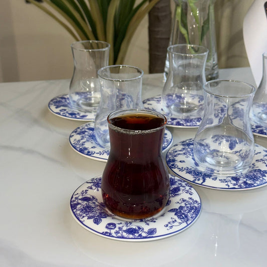 Elegant Blue Floral Saucer Tea Glass Set