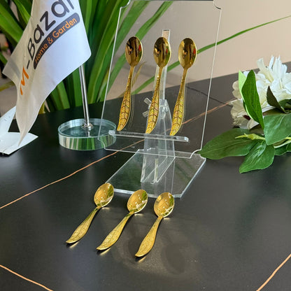 ملاعق ستانلس ستيل بتصميم أوراق الشجر باللون الذهبي - طقم من 6 قطع