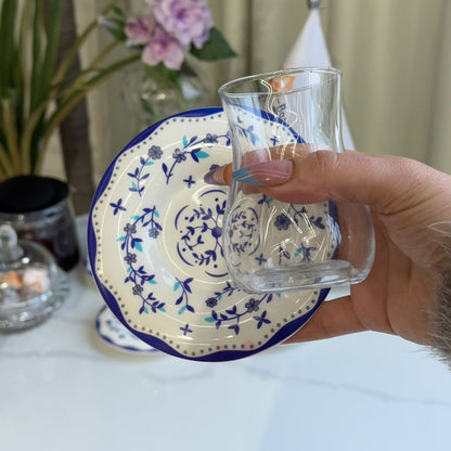 Blue Floral Saucer Tea Glass Set