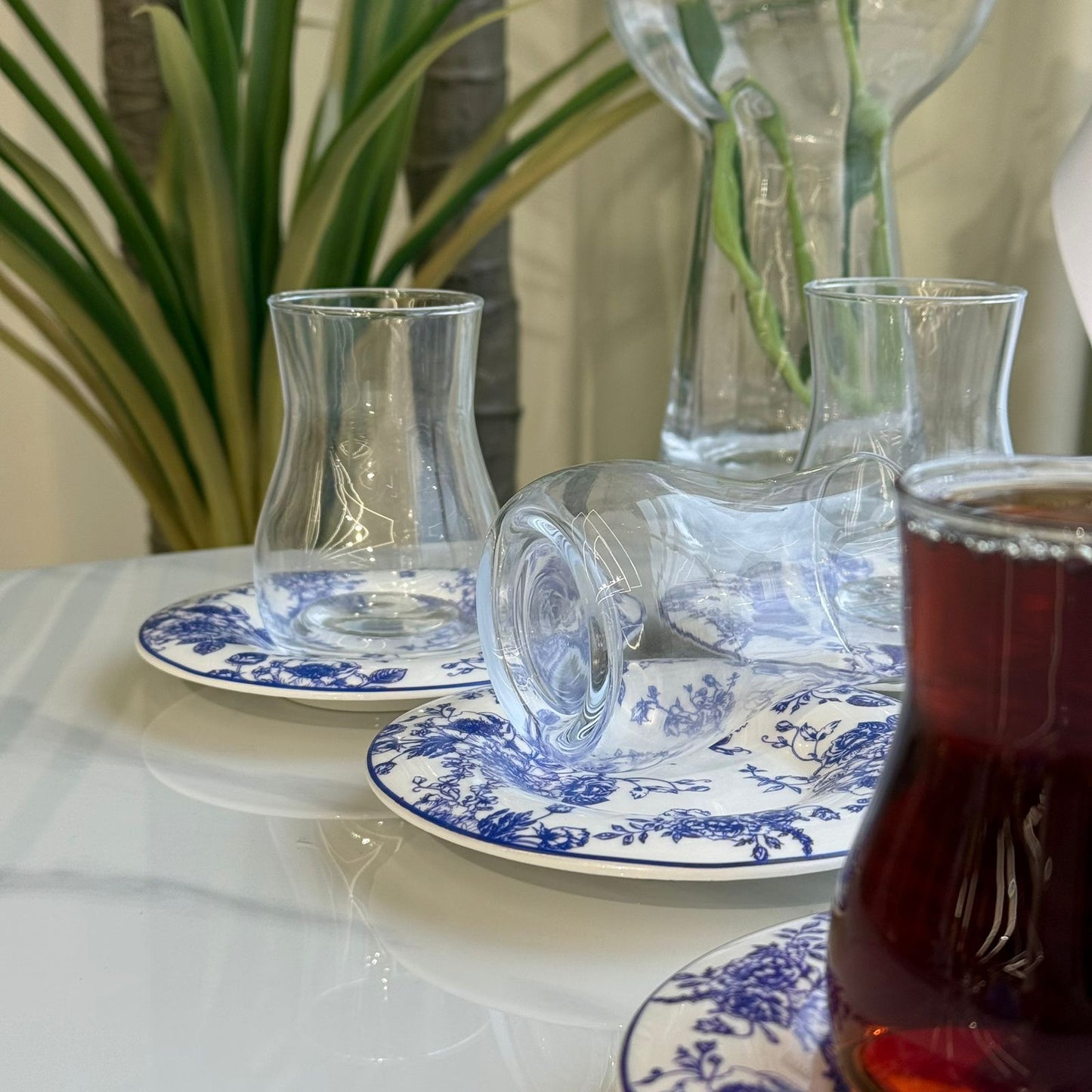 Elegant Blue Floral Saucer Tea Glass Set