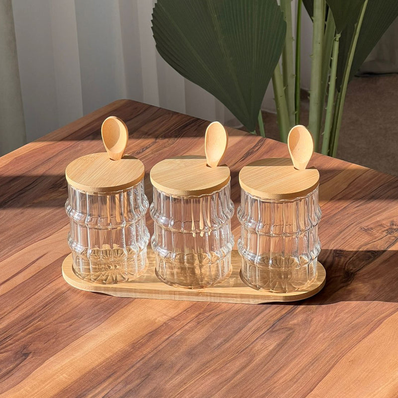 3Pcs Glass Wooden Lid Storage Jars with Tray